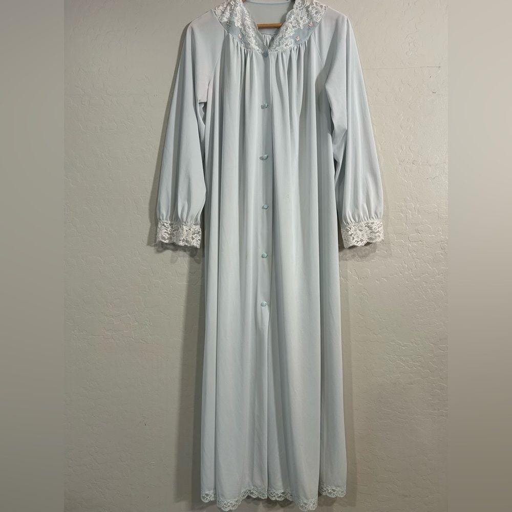Vintage Shadowline Baby Blue Lace Trim Nylon Robe Small Long Grannycore Lingerie